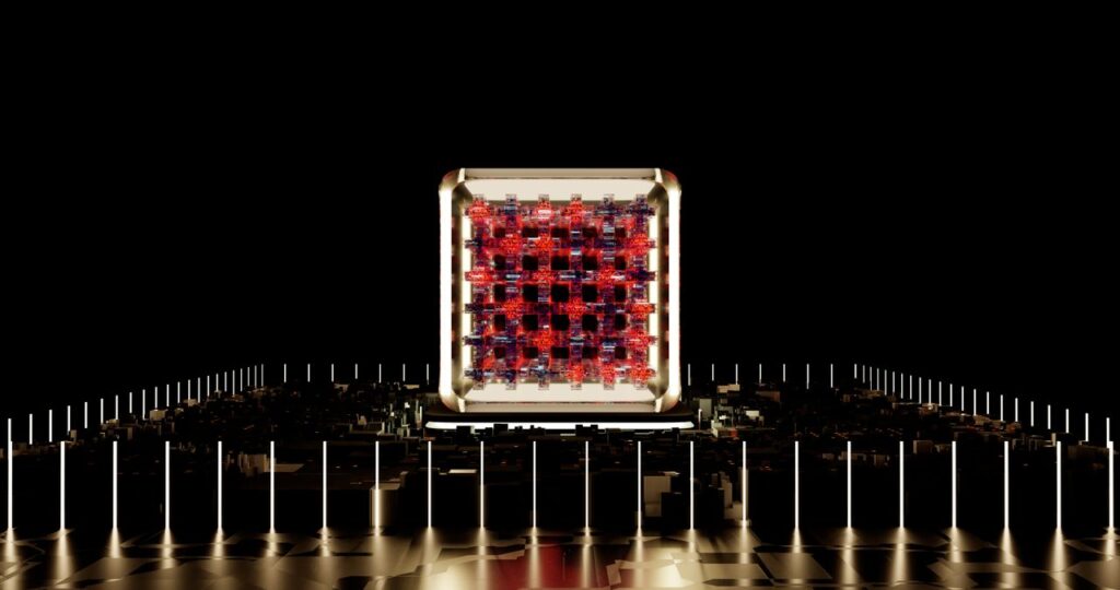 Abstract representation of a futuristic digital processor with glowing elements.
