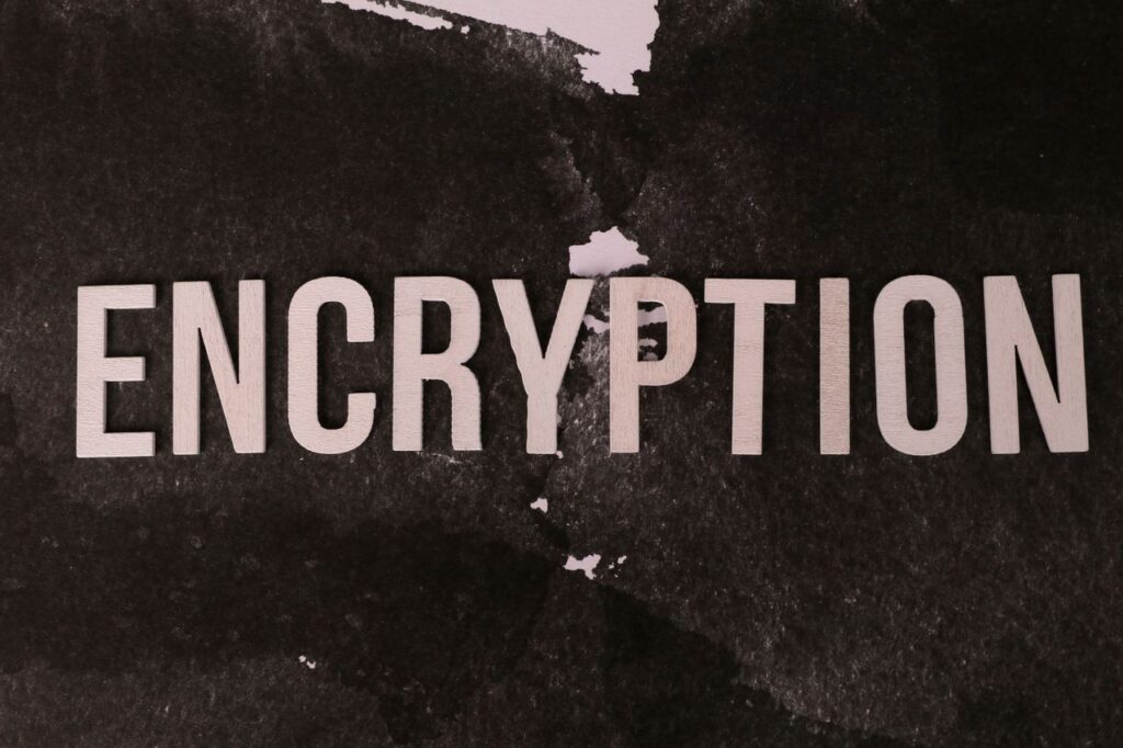 Black and white abstract image with the word 'ENCRYPTION' prominently displayed.
